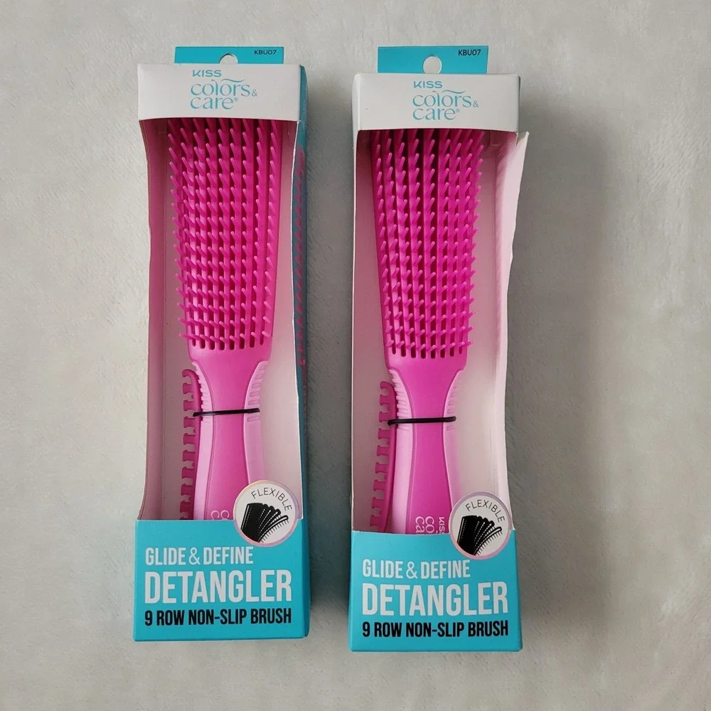 KISS Colors & Care Glide & Define Detangler 9 Row Brush Pink Lot of 2
